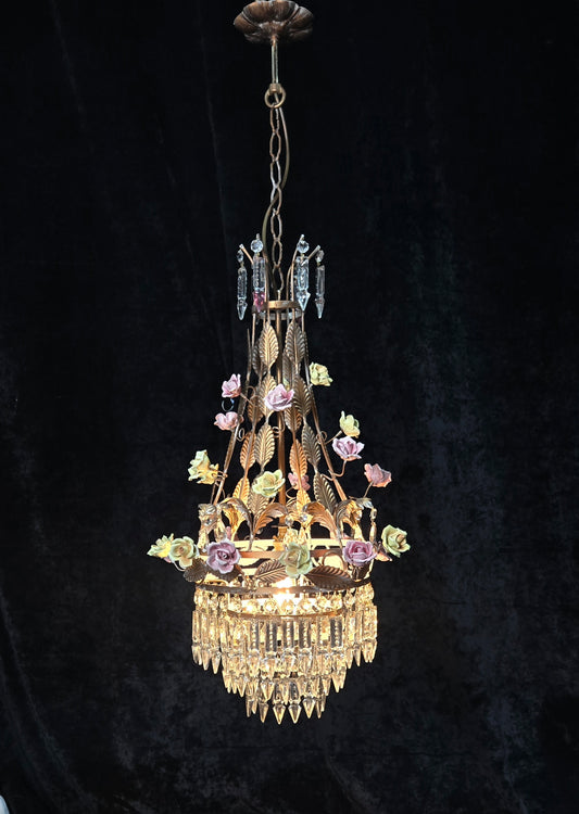 Fabulous Vintage Italian Florentine Roses Crystal Waterfall Chandelier Light