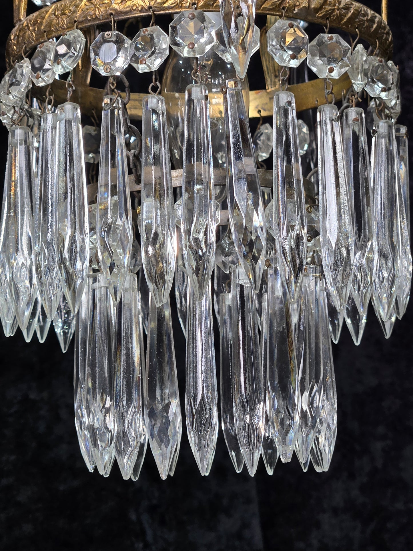 Beautiful Antique French Crystal Waterfall Brass Leaf Chandelier Ceiling Light