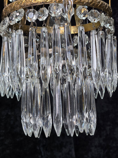 Beautiful Antique French Crystal Waterfall Brass Leaf Chandelier Ceiling Light