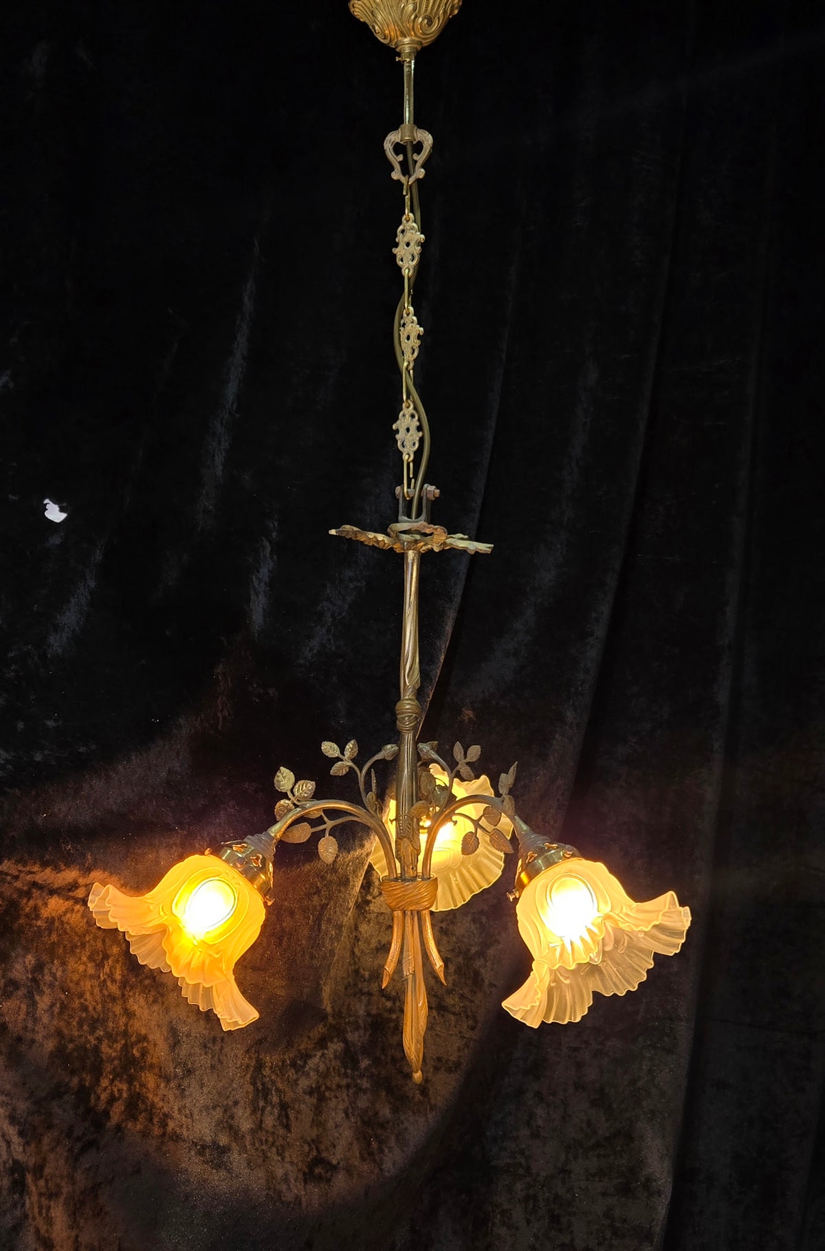 Gorgeous Antique French Brass 3 Arm Floral Chandelier Ceiling Light with Shades