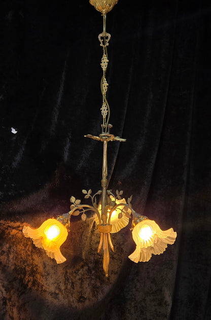 Gorgeous Antique French Brass 3 Arm Floral Chandelier Ceiling Light with Shades