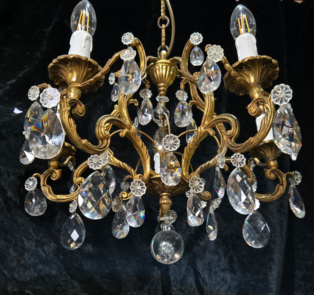 Traditional Antique French 5 Arm Heavy Bronze Cage Crystal Chandelier Light