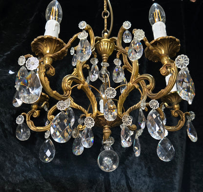 Traditional Antique French 5 Arm Heavy Bronze Cage Crystal Chandelier Light