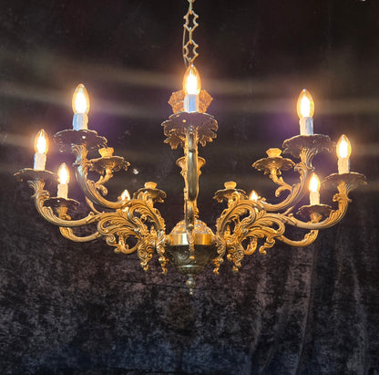 Fabulous Huge Heavy Vintage Italian Solid Brass 10 Arm 5 Candle Chandelier Light