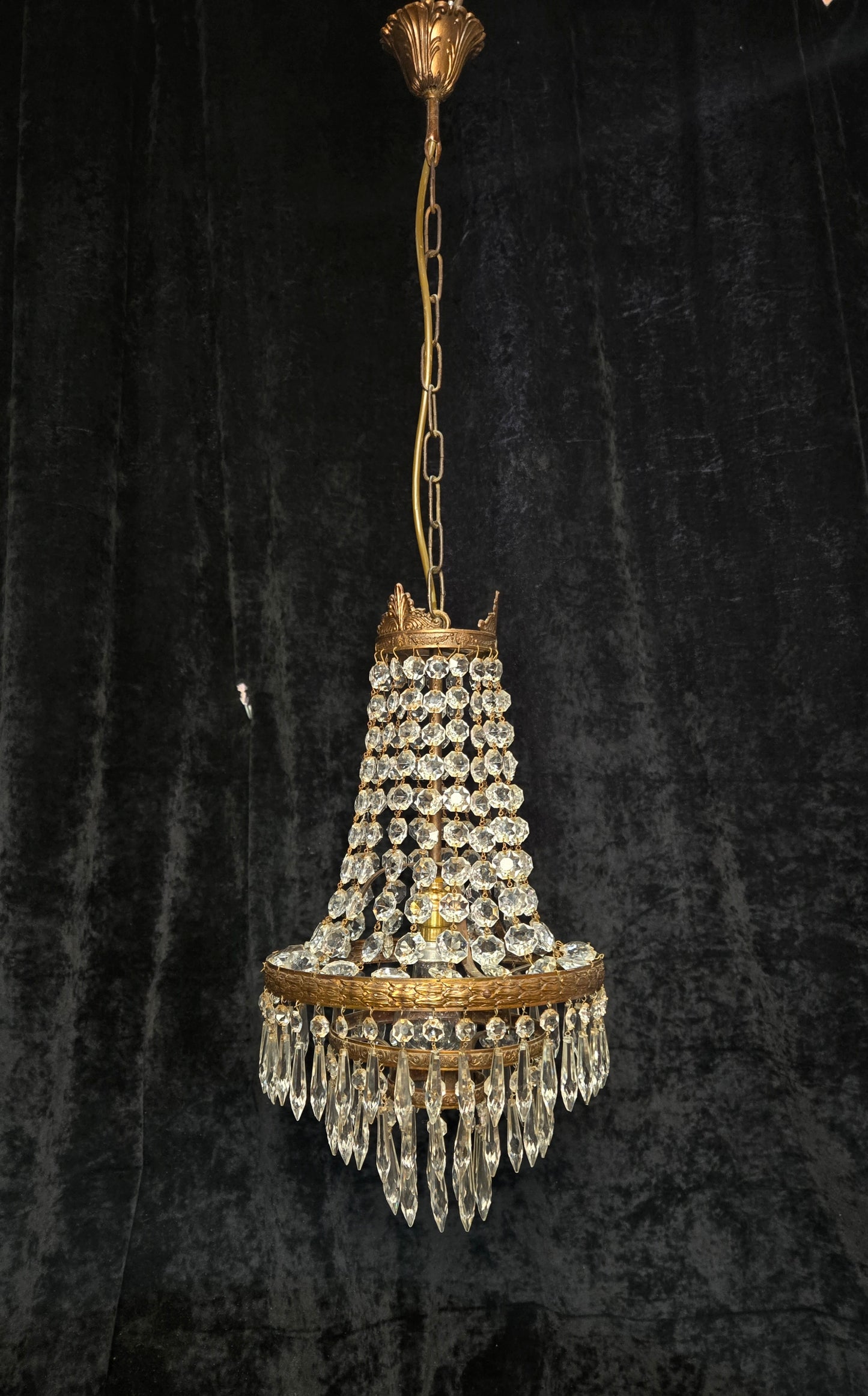 Beautiful Antique French 3 Tier Waterfall Montgolfiere Crystal Brass Chandelier