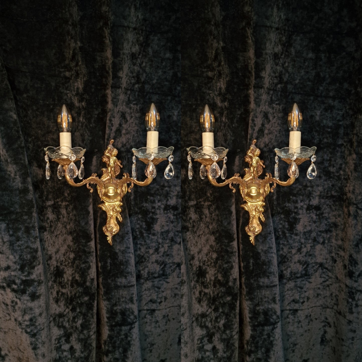 Fabulous Pair Vintage Italian 2 Arm Brass Cherub Crystal Wall Lights Sconces
