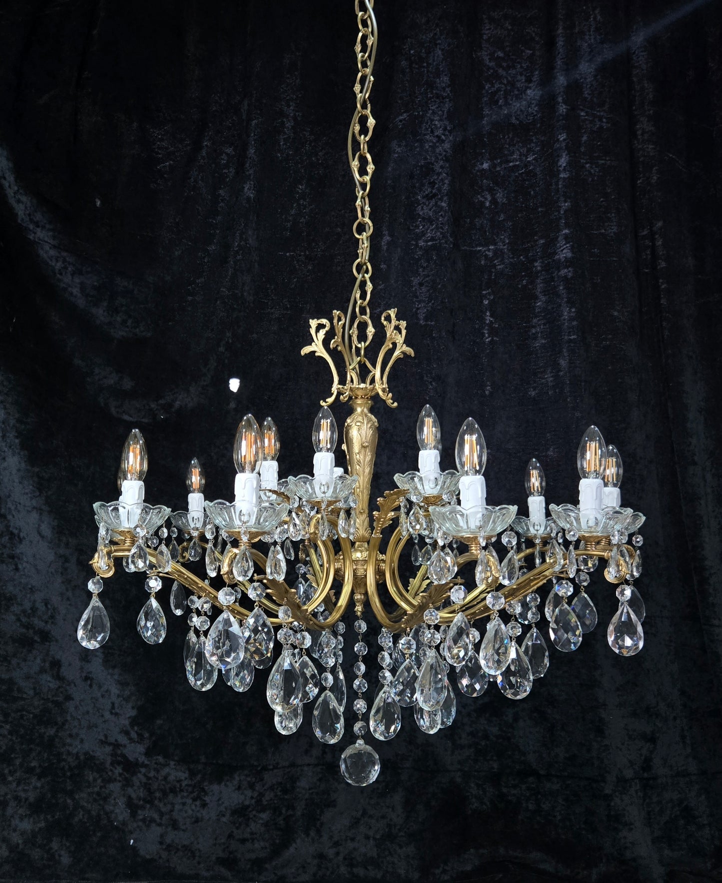 Fabulous Large Vintage Italian Heavy 10 Arm 15 Light Brass Crystal Chandelier