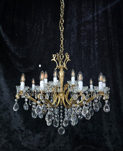 Fabulous Large Vintage Italian Heavy 10 Arm 15 Light Brass Crystal Chandelier