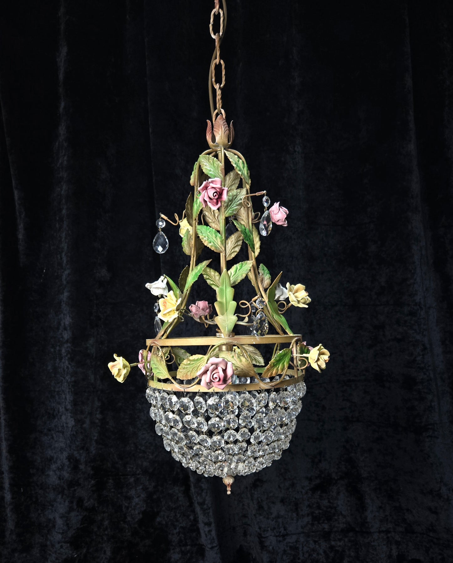 Beautiful Vintage Florentine Italian 1 Light Crystal Roses Toleware Chandelier