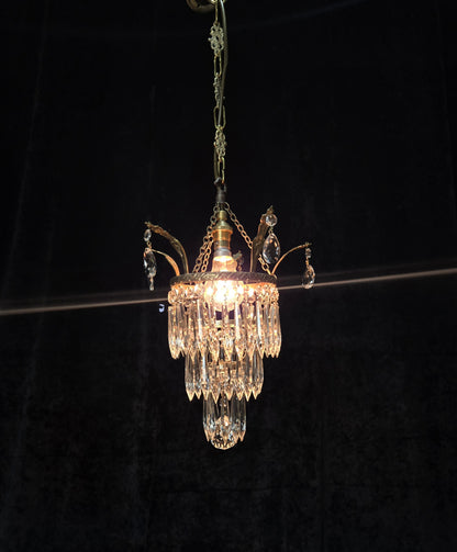 Beautiful Antique French Crystal Waterfall Brass Leaf Chandelier Ceiling Light