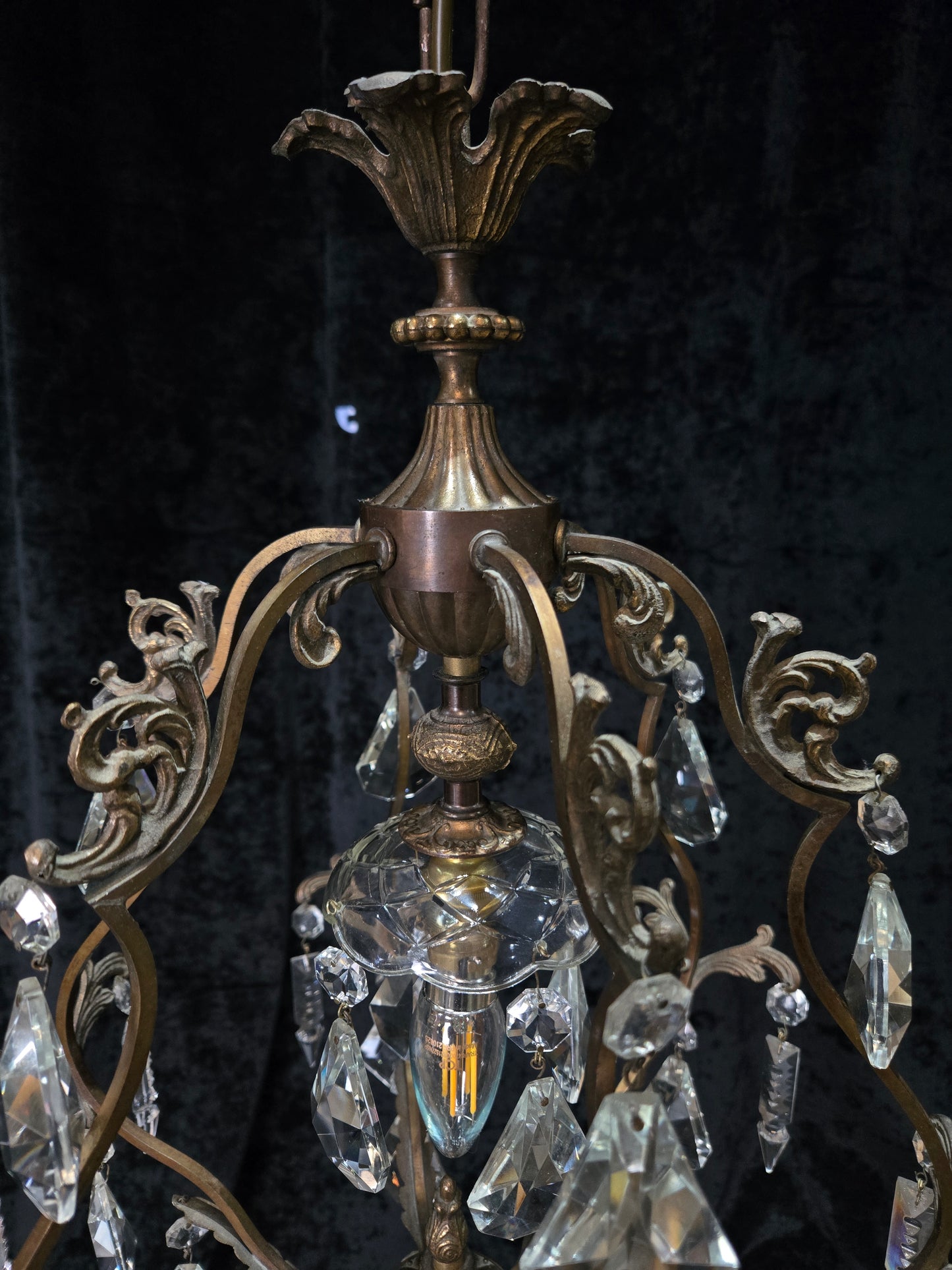 Elegant Vintage Italian 1 Light Cage Crystal Brass Chandelier Ceiling Light