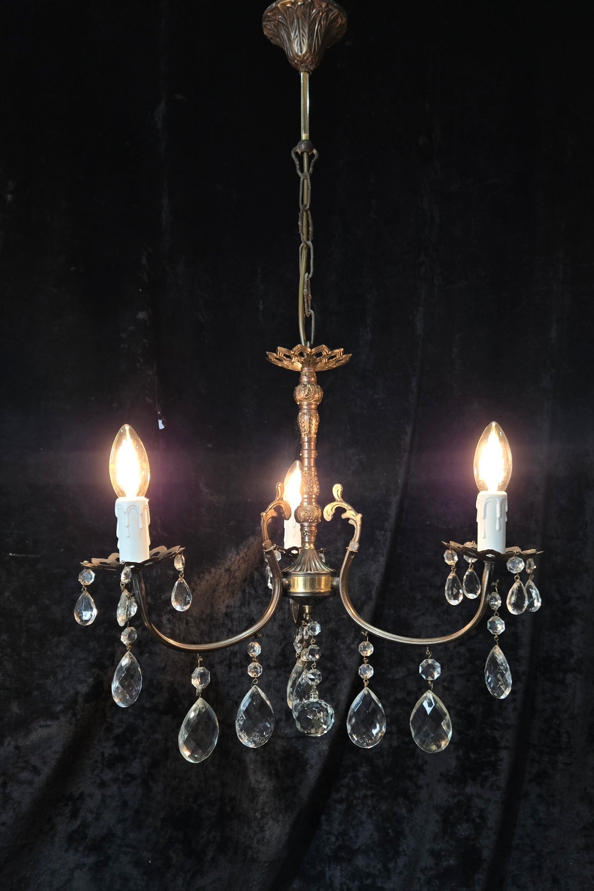 Lovely Vintage Italian 3 Arm Brass and Crystal Chandelier Ceiling Light