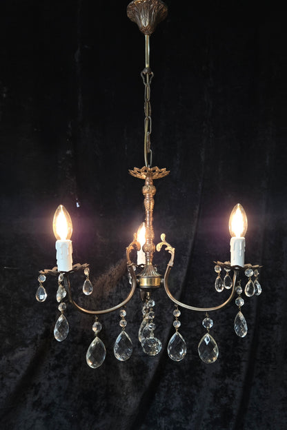 Lovely Vintage Italian 3 Arm Brass and Crystal Chandelier Ceiling Light