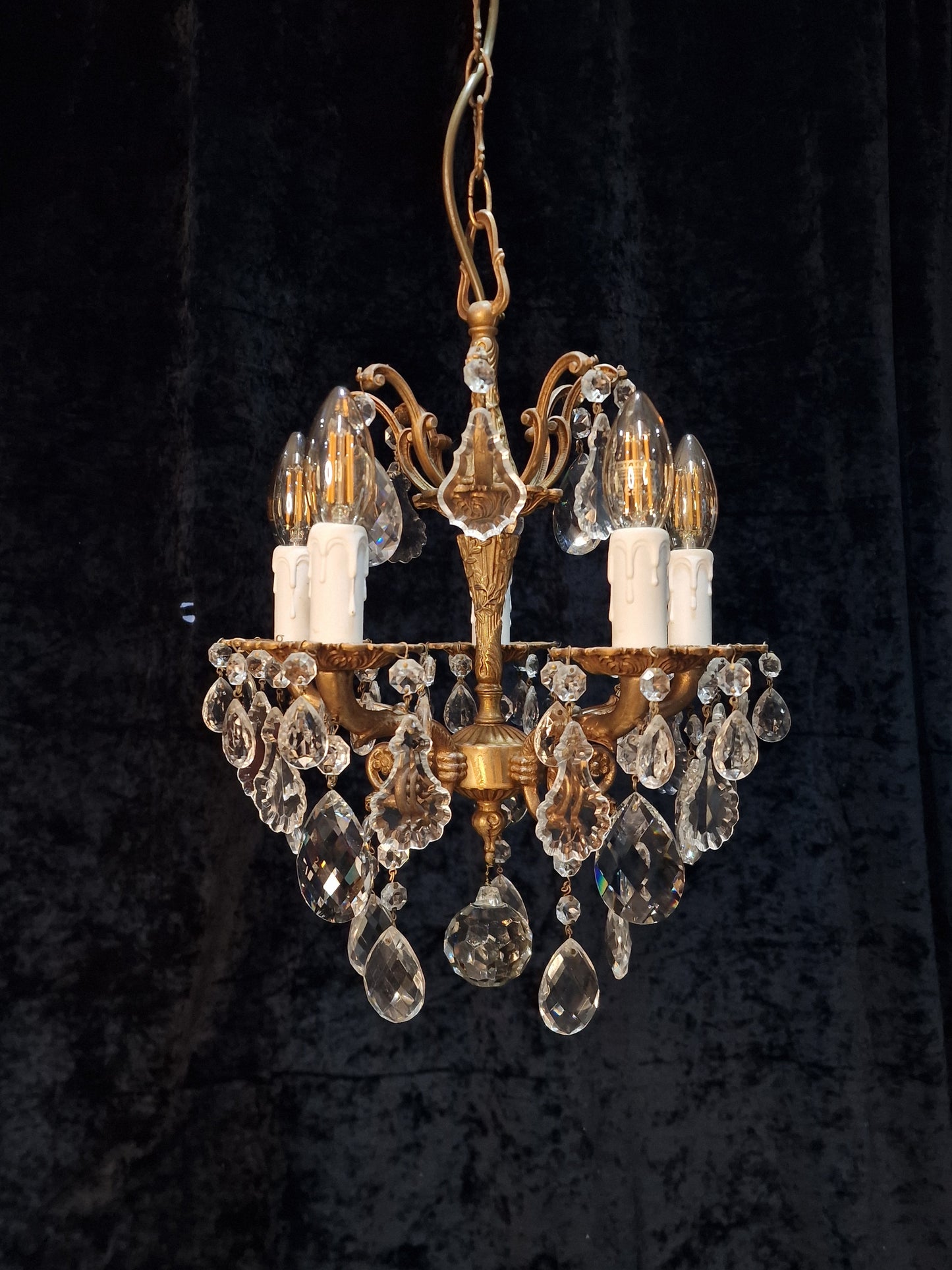 Beautiful Antique French 5 Arm Brass and Crystal Chandelier Ceiling Light