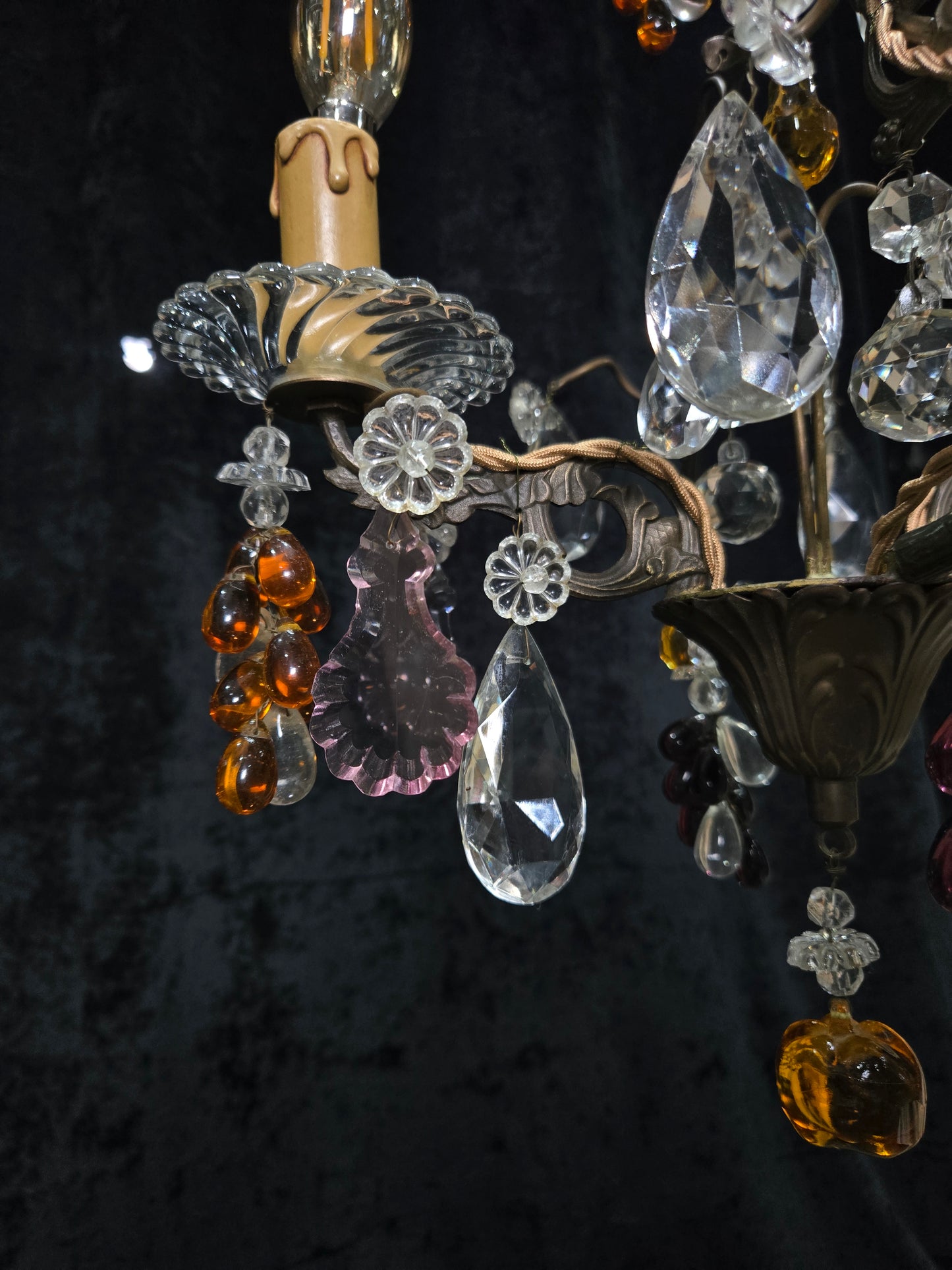 Fabulous Antique French 2 Arm Caged Murano Crystal Brass Chandelier Light