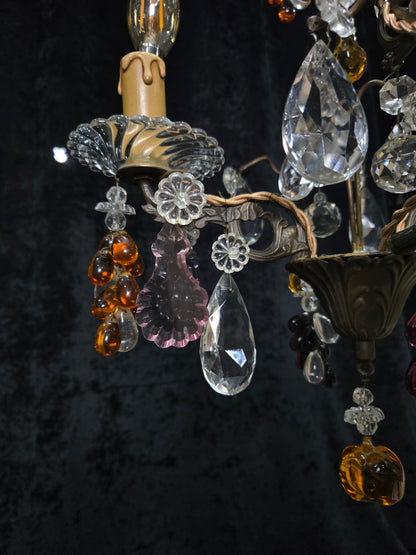 Fabulous Antique French 2 Arm Caged Murano Crystal Brass Chandelier Light