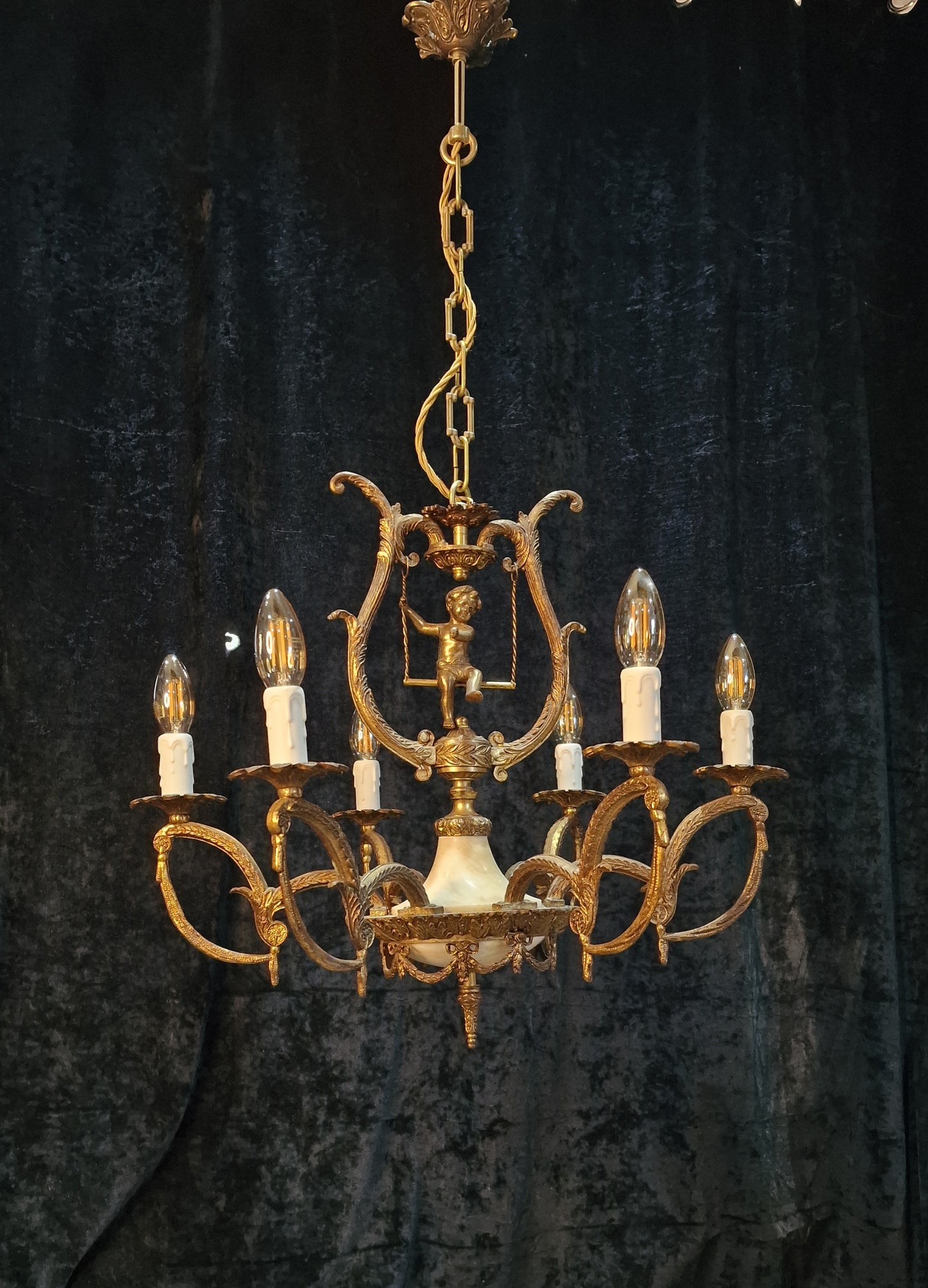 Fabulous Vintage Spanish Heavy Gilded Spelter 6 Arm Cherub Chandelier Light