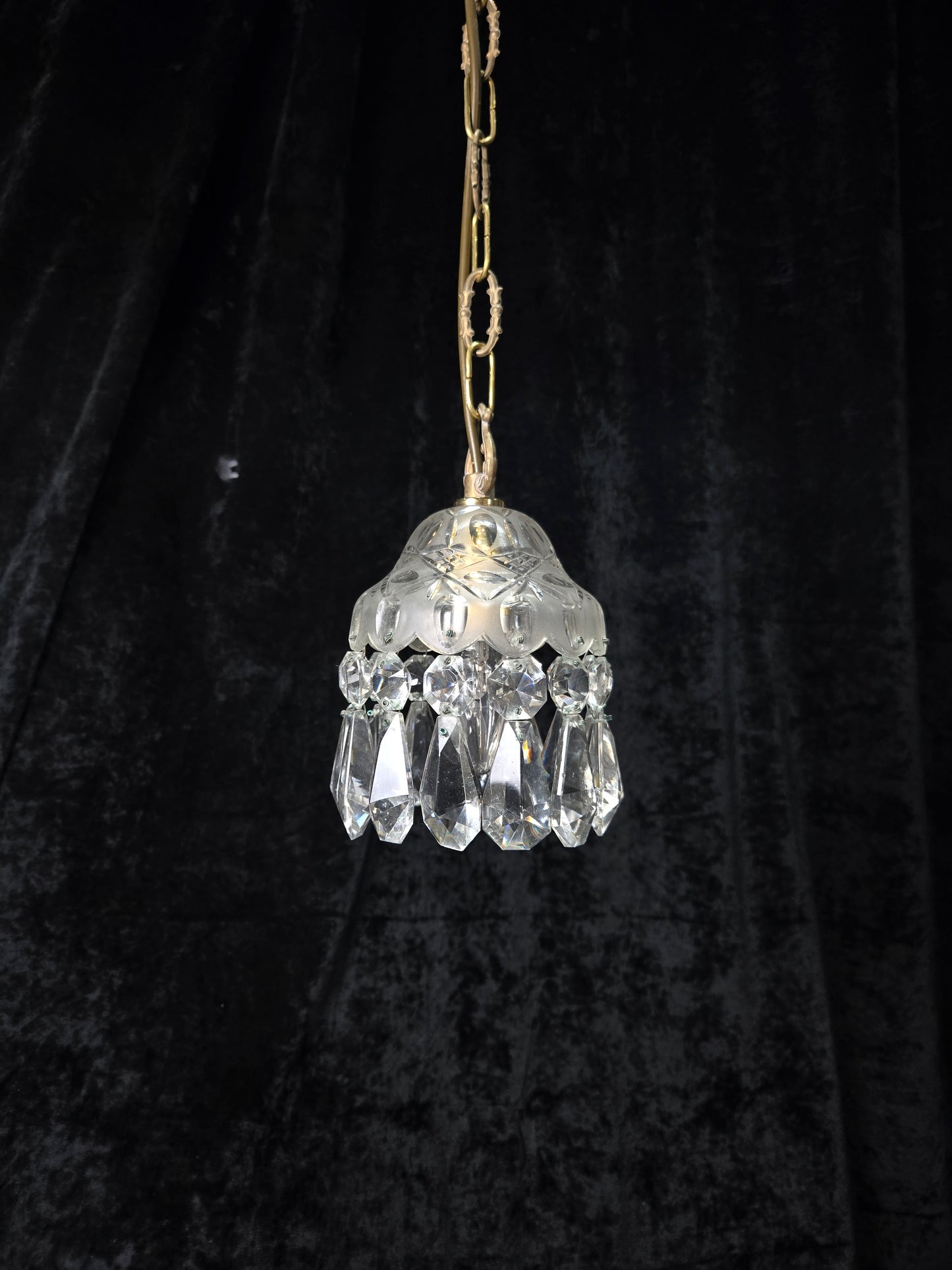 Beautiful Petite Cut Glass Crystal Antique Shade Brass Pendant Light Chandelier