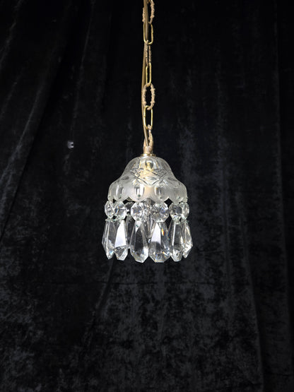 Beautiful Petite Cut Glass Crystal Antique Shade Brass Pendant Light Chandelier