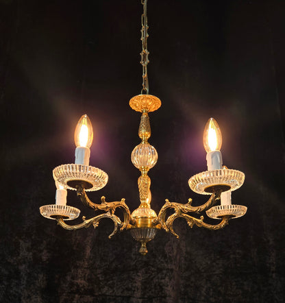 Classical Vintage 5 Arm Brass and Glass Chandelier Ceiling Light