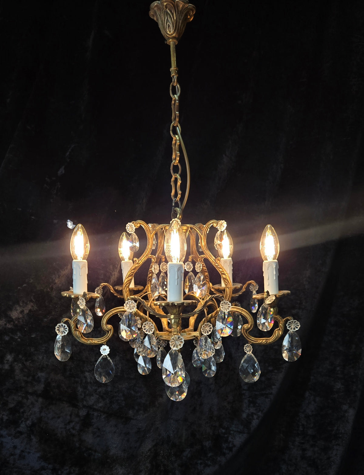 Traditional Antique French 5 Arm Heavy Bronze Cage Crystal Chandelier Light