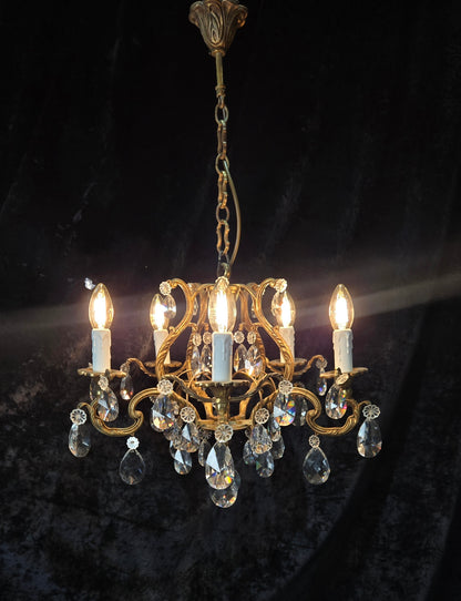 Traditional Antique French 5 Arm Heavy Bronze Cage Crystal Chandelier Light