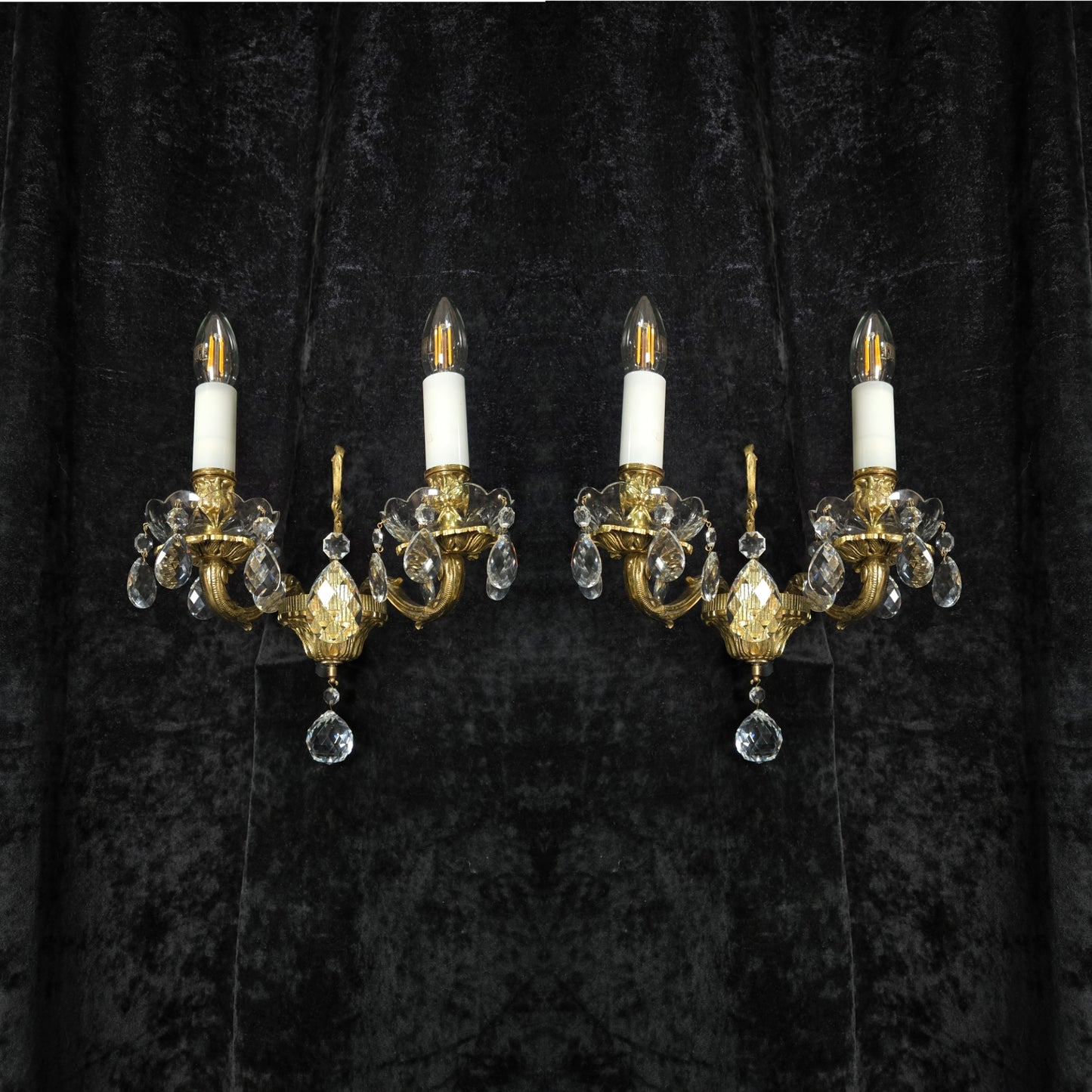Fabulous Pair of Heavy Brass Vintage French 2 Arm Crystal Wall Lights Sconces