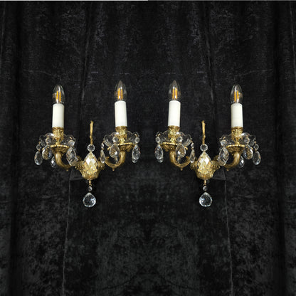 Fabulous Pair of Heavy Brass Vintage French 2 Arm Crystal Wall Lights Sconces