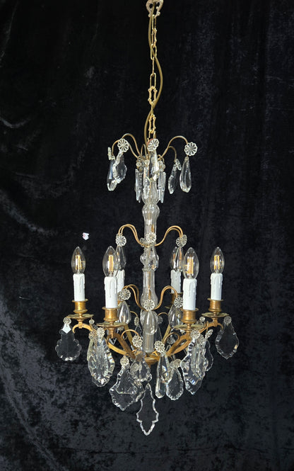 Traditional Tall Antique French 6 Arm Brass Crystal 3 Tier Chandelier Light