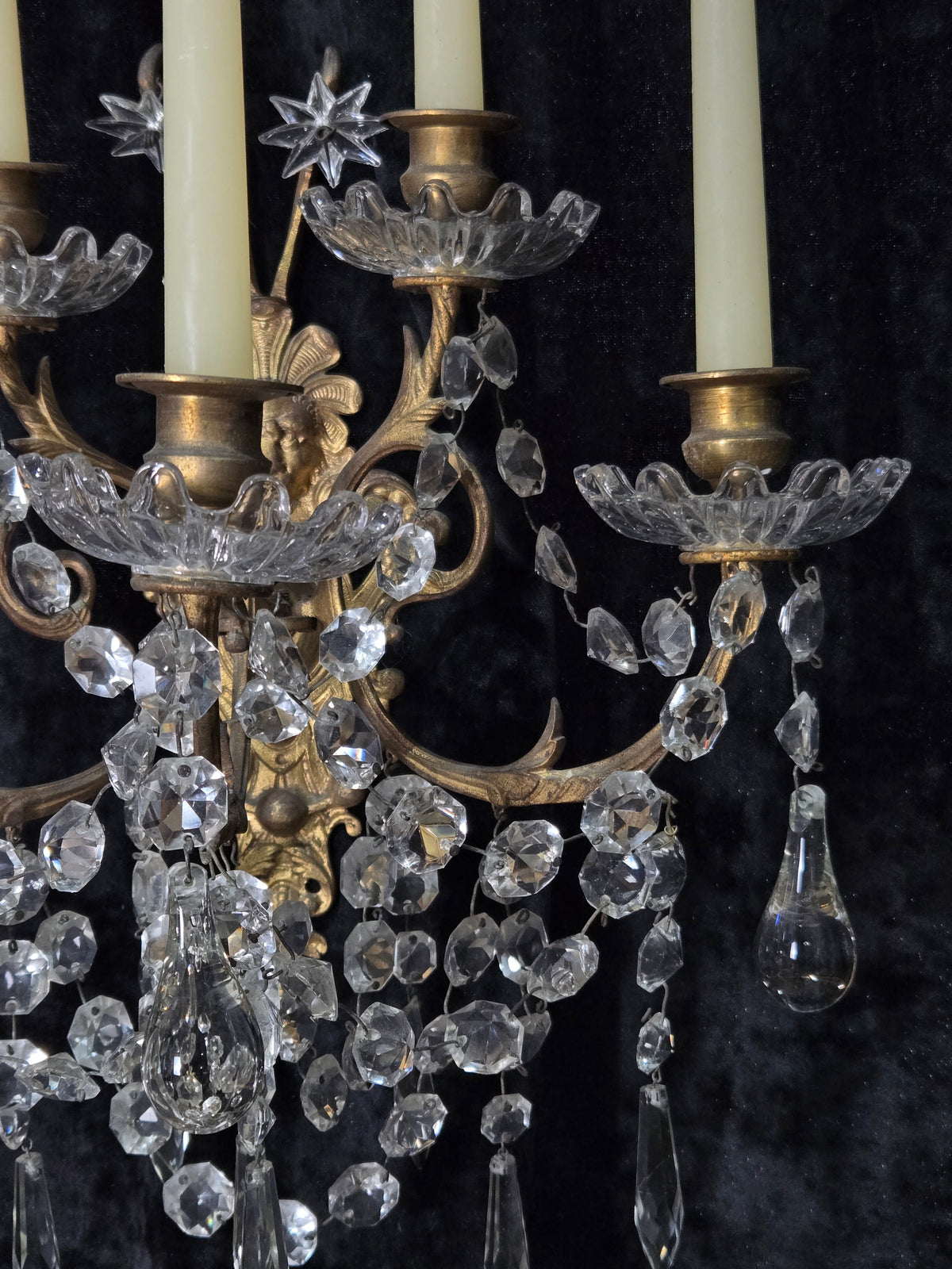 Rare Large Pair 1800s Antique Original Porteiux France Brass Candle Wall Lights