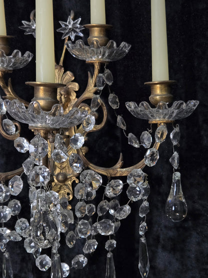 Rare Large Pair 1800s Antique Original Porteiux France Brass Candle Wall Lights