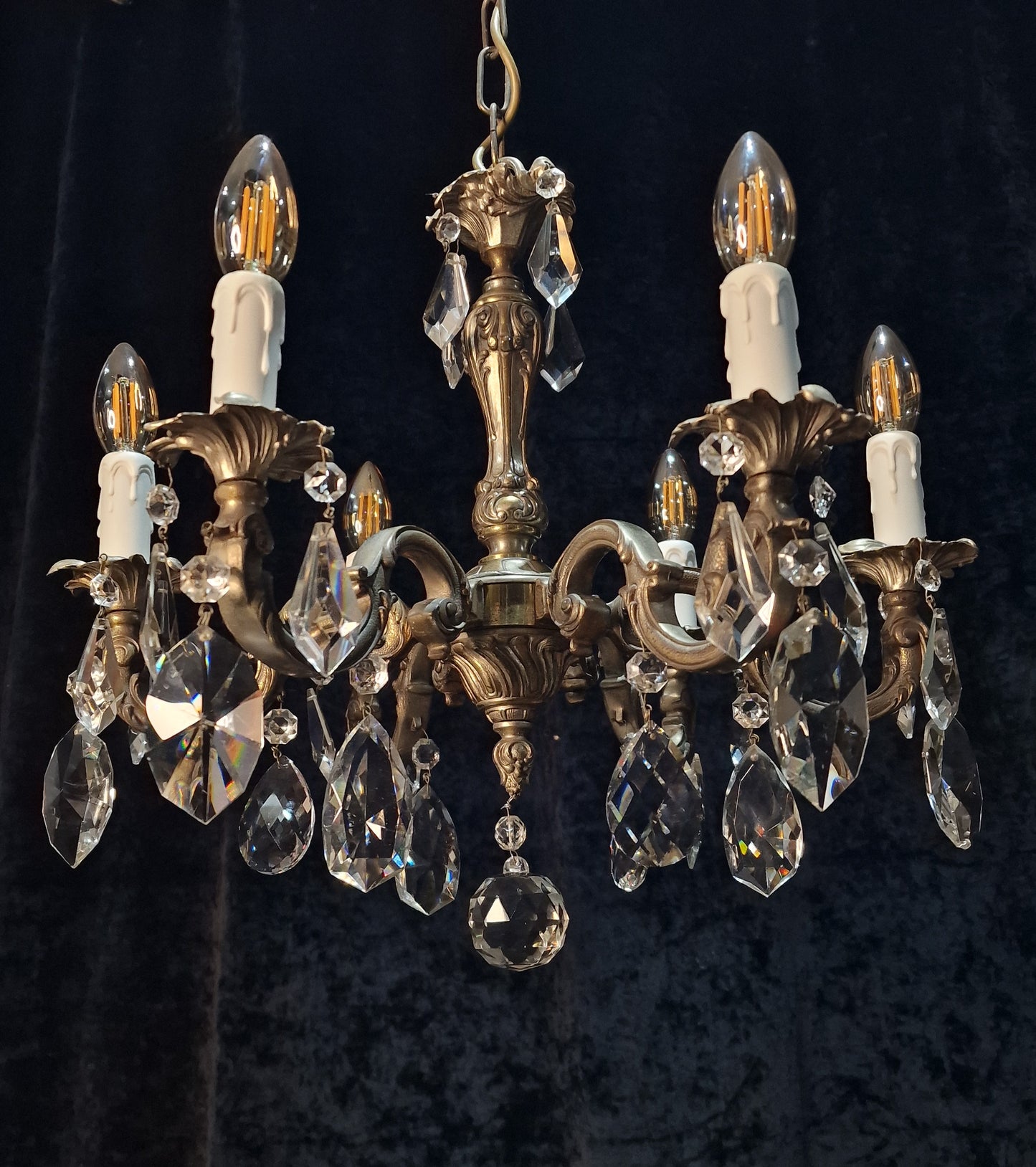 Beautiful Heavy Antique French Bronze Nickel Plated Crystal 6 Arm Chandelier
