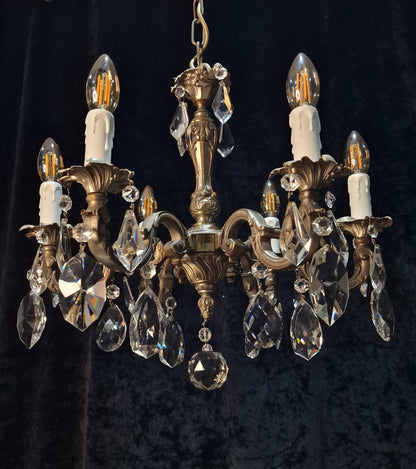 Beautiful Heavy Antique French Bronze Nickel Plated Crystal 6 Arm Chandelier