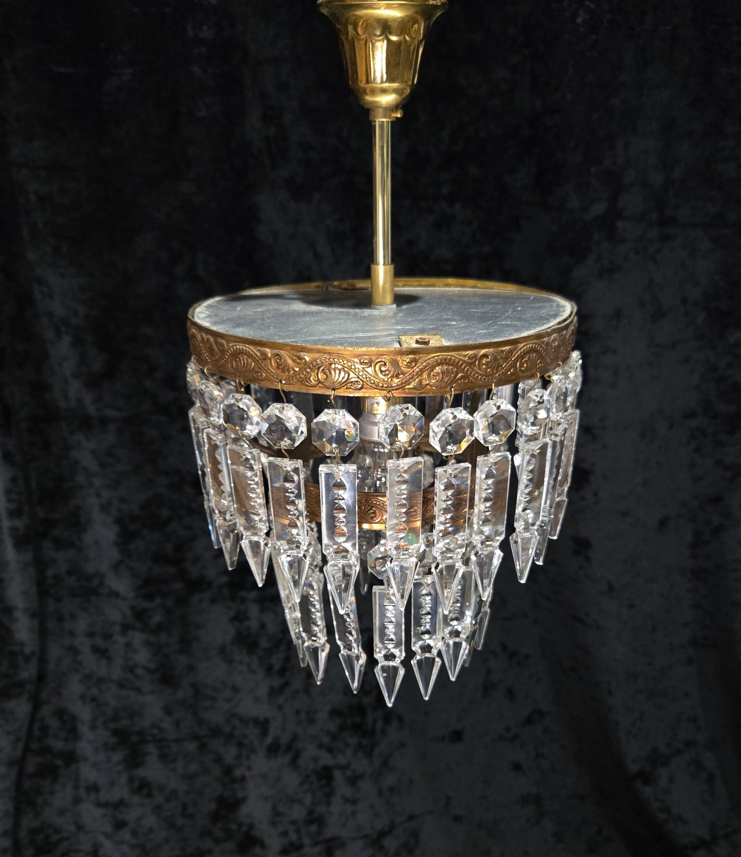 Beautiful Vintage French 2 Tier Waterfall Crystal Brass 1 Light Flush Chandelier