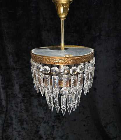 Beautiful Vintage French 2 Tier Waterfall Crystal Brass 1 Light Flush Chandelier