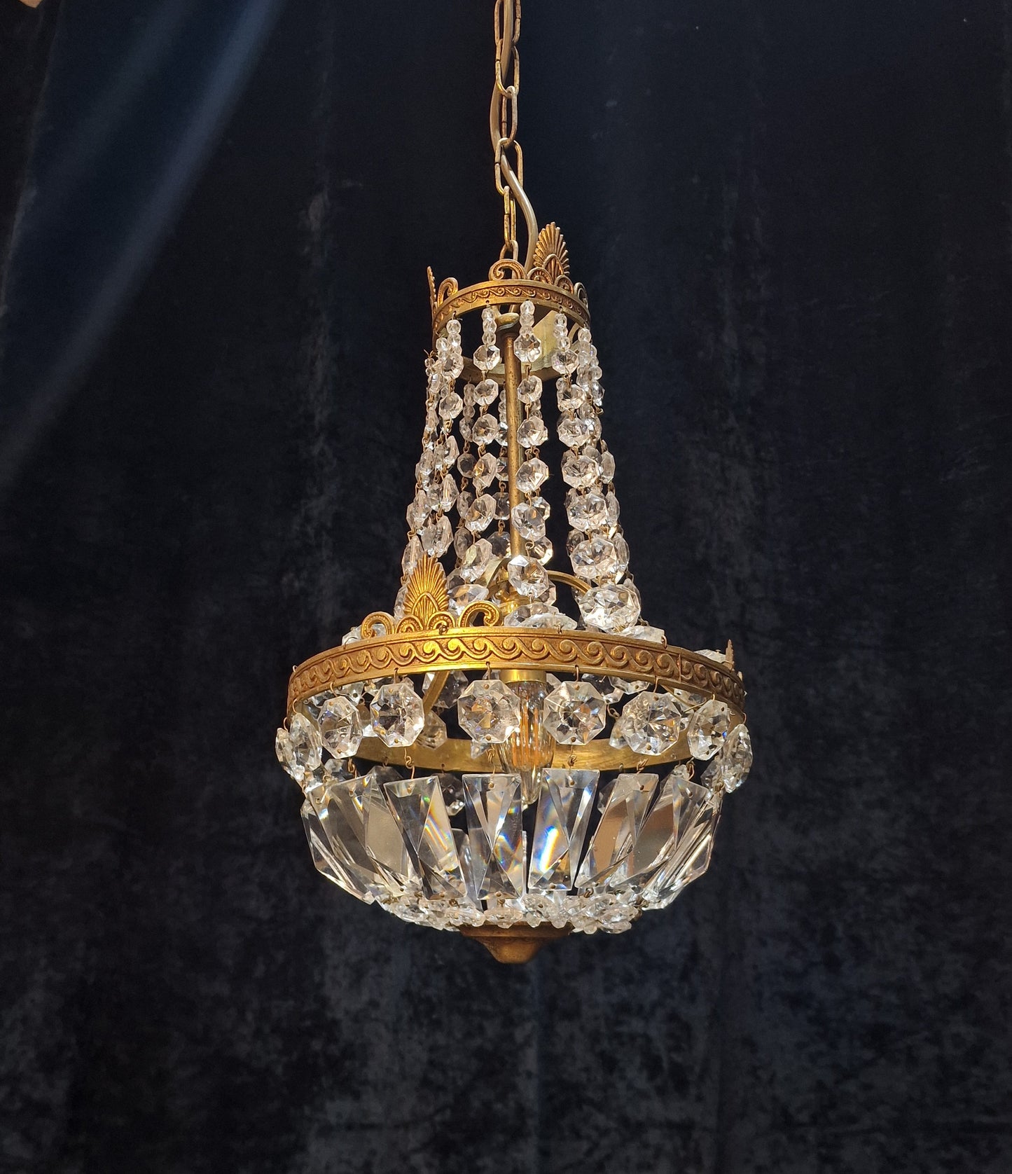 Lovely Antique French 1 Light Brass Montgolfiere Bag and Tent Chandelier Light