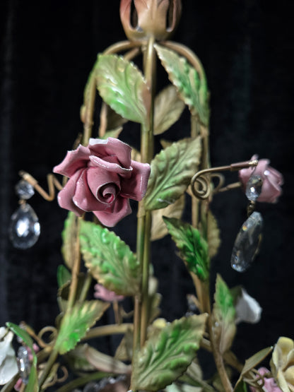 Beautiful Vintage Florentine Italian 1 Light Crystal Roses Toleware Chandelier