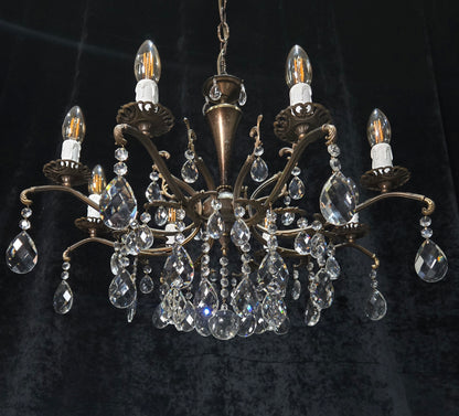 Gorgeous Vintage Italian 8 Arm Crystal Brass Leaf Chandelier Ceiling Light