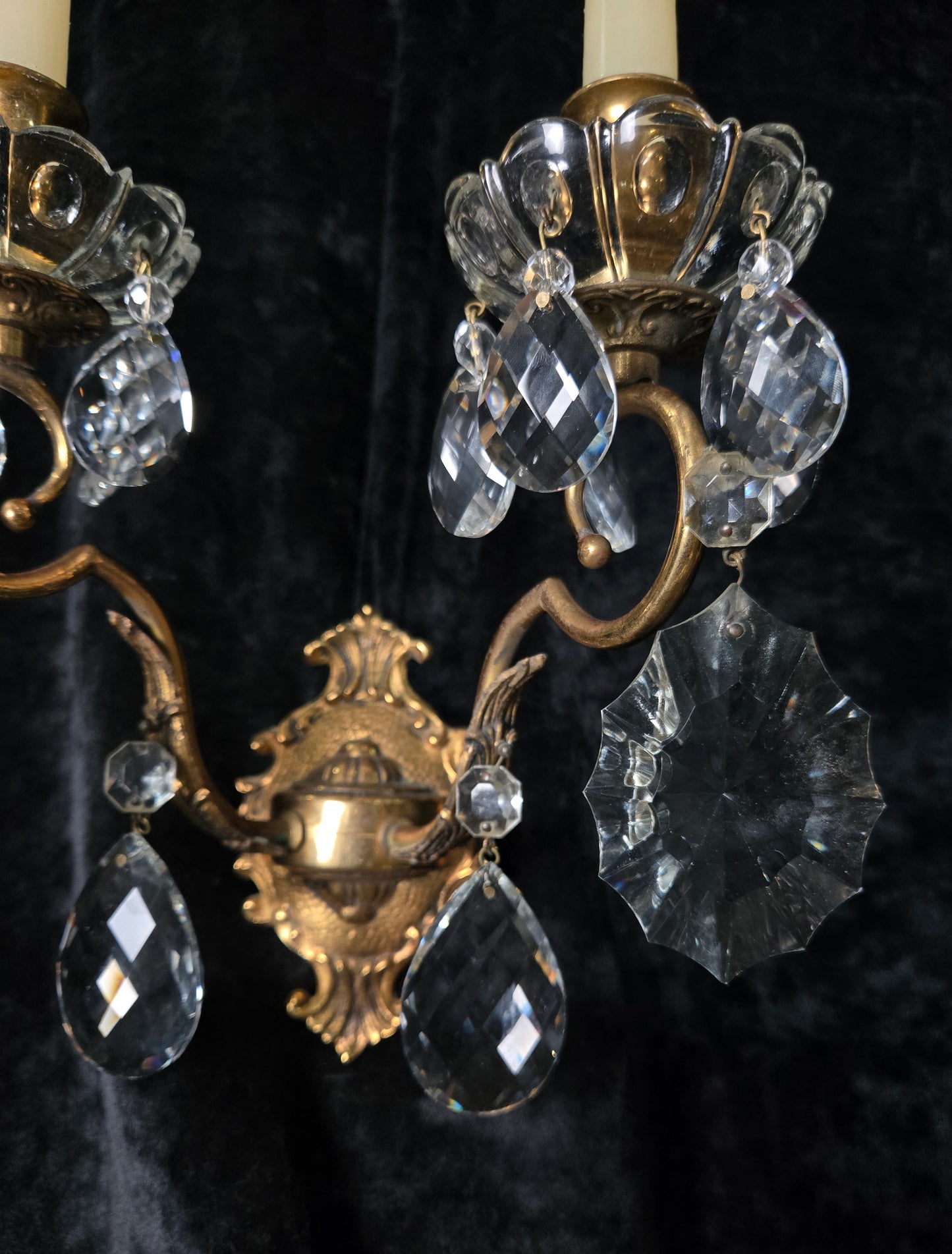 Gorgeous Pair of Vintage Italian 2 Arm Brass Crystal Candle Wall Lights Sconces