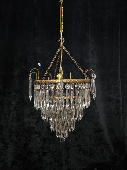 Fabulous Antique French Brass 4 Tier Waterfall Crystal Chandelier Ceiling Light