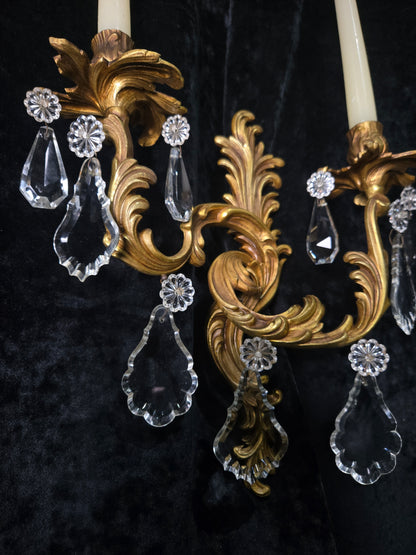 Fabulous Pair Antique French Heavy Gilt Bronze 2 Arm Crystal Candle Wall Lights