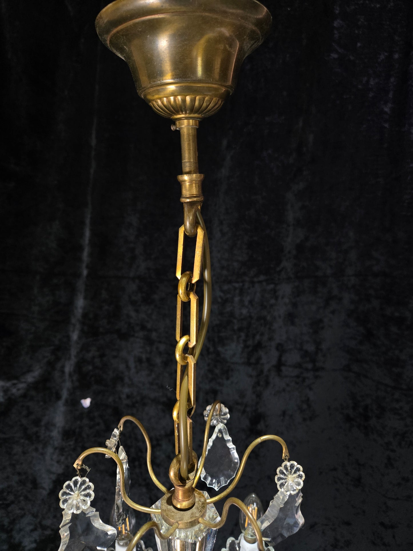 Gorgeous Antique French 6 Arm 7 Light Brass Bronze Cage Crystal Chandelier Light