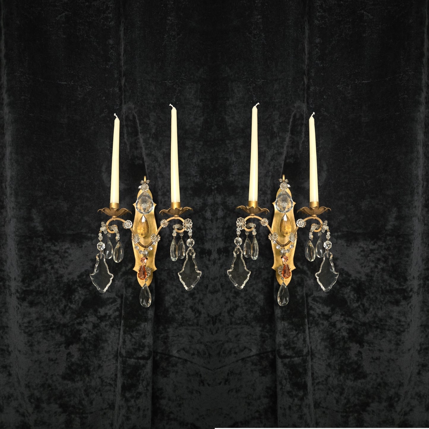 Fabulous Pair Vintage Italian 2 Arm Gilded Wrought Iron Crystal Candle Sconces
