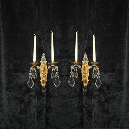 Fabulous Pair Vintage Italian 2 Arm Gilded Wrought Iron Crystal Candle Sconces