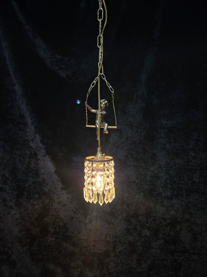Beautiful Petite Vintage French Brass Cherub Crystal Chandelier Ceiling Light