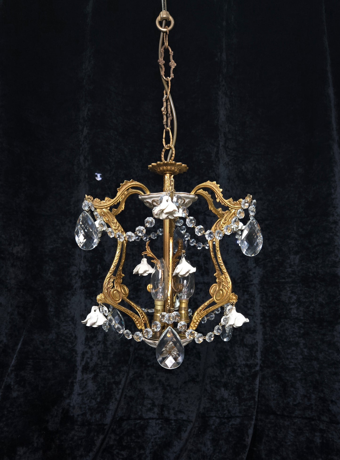 Lovely Vintage Spanish 3 Light Crystal and Brass Ceramic Roses Cage Chandelier