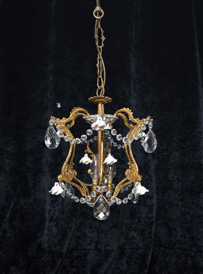 Lovely Vintage Spanish 3 Light Crystal and Brass Ceramic Roses Cage Chandelier
