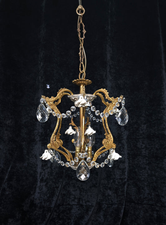 Lovely Vintage Spanish 3 Light Crystal and Brass Ceramic Roses Cage Chandelier