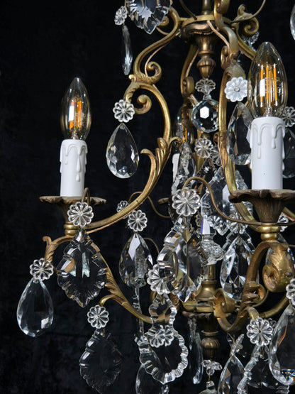Gorgeous Heavy Antique French 4 Arm Caged Bronze Crystal Chandelier Light