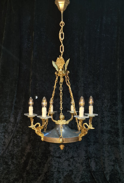 Stately Heavy Vintage French 6 Light Brass Empire Swans Lionheads Chandelier